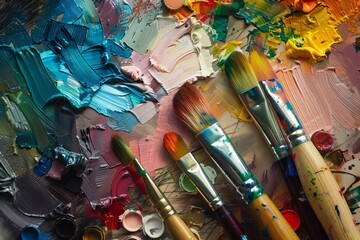 Vibrant oil paint strokes and art brushes