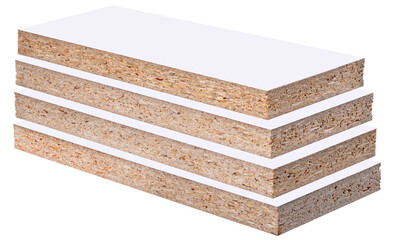 Pieces of chipboard stacked. Isolated background.