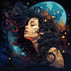Mystical night sky portrait of a woman with flowing hair
