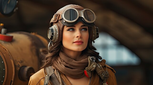 Adventurous woman wearing vintage pilot goggles and scarf