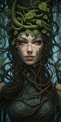 mystical forest spirit with flowing vines and leaves
