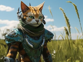futuristic cat in sci-fi gear exploring nature