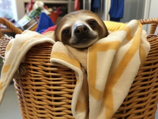 Adorable sloth relaxing in cozy basket