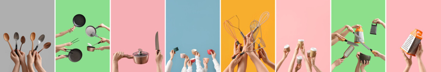 Set of kitchen utensils on color background - Powered by Adobe