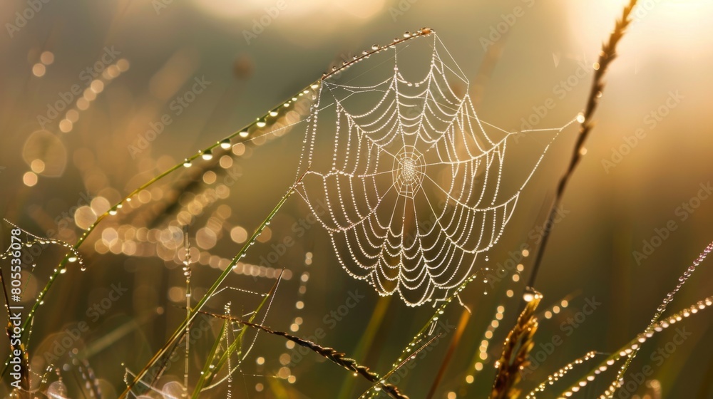 Poster a close-up of a dew-covered spider web suspended between blades of grass, showcasing the intricate b