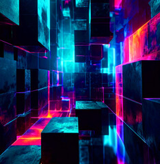 A three-dimensional digital image featuring an array of floating cubes on a dark background illuminated by neon lights. AI, Generation.