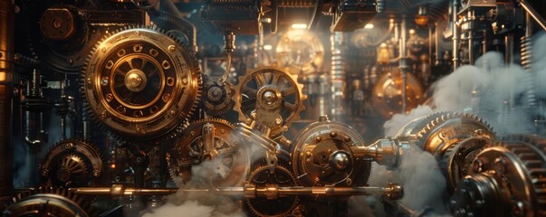 A steampunkinspired machine room filled with brass gears and steam vents, with a mechanic adjusting a valve