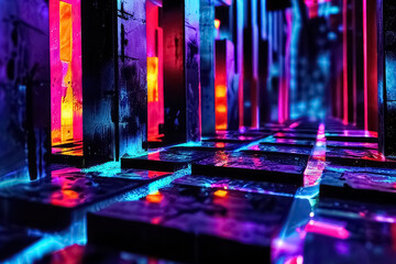 A three-dimensional digital image featuring an array of floating cubes on a dark background illuminated by neon lights. AI, Generation.