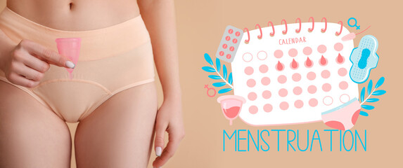 Young woman in menstrual panties with cup on beige background, closeup