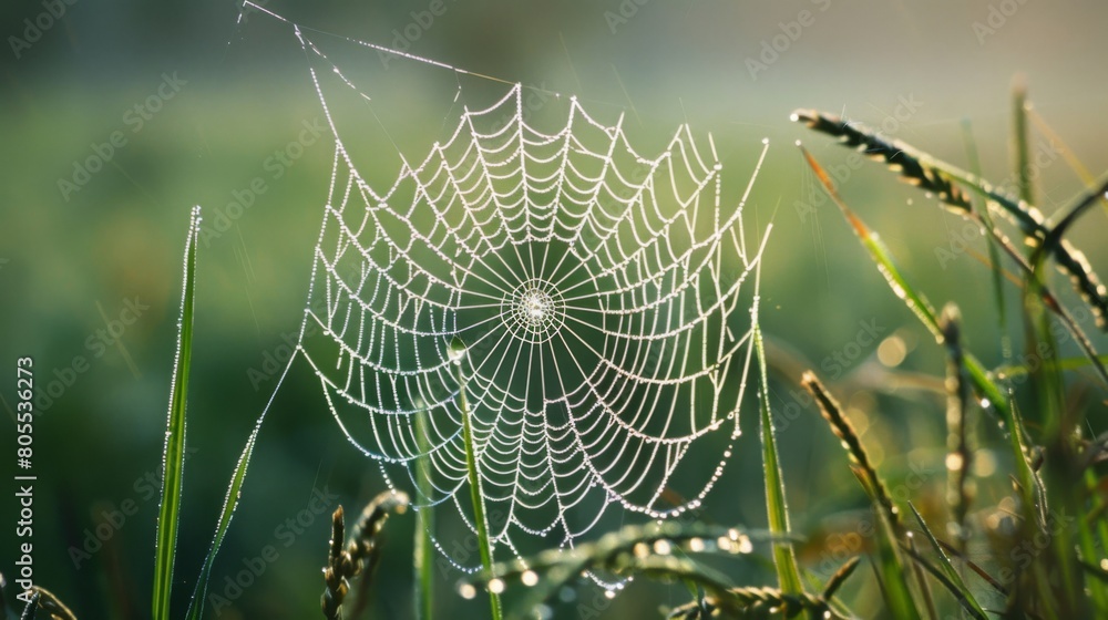 Poster a close-up of a dew-covered spider web suspended between blades of grass, showcasing the intricate b