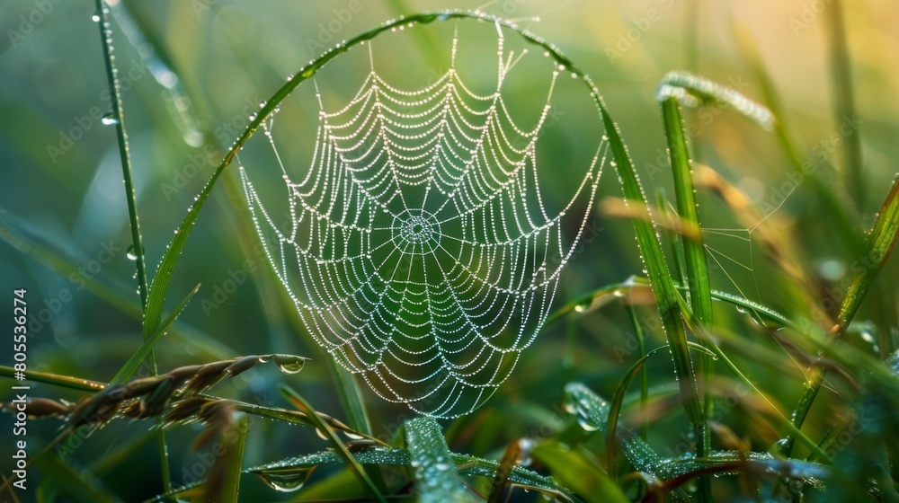 Poster a close-up of a dew-covered spider web suspended between blades of grass, showcasing the intricate b