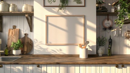 Frame mockup in kitchen interior background, Farmhouse style, 3d render.
