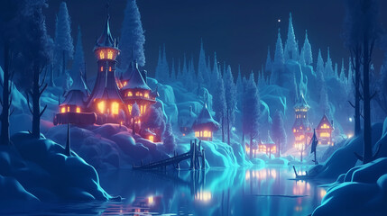 magical fairy castle in fairy island in winter generative ai