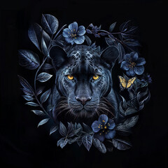 A black panther with yellow eyes surrounded by a wreath of dark blue flowers, leaves, and a butterfly on a black background. T-shirt print design