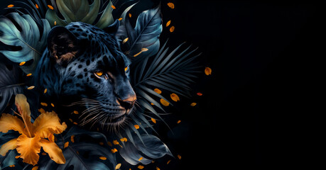 A black leopard amidst a lush display of leaves and flowers. Black background