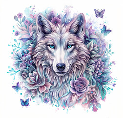 A white wolf with blue eyes surrounded by flowers and butterflies. The flowers and butterflies are in pastel colors. T-shirt print design