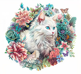 A white cat with blue eyes sits in the middle of the image, surrounded by colorful flowers and butterflies. T-shirt print design