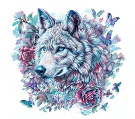 A white wolf surrounded by flowers and butterflies, the wolf has blue eyes and is looking forward. The background is white. T-shirt print design