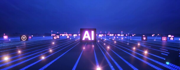 A digital city with glowing lines and icons surrounding a cube that says "AI". Road going far away. The background is blue and purple