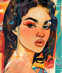 Stylized representation of a young woman with freckles and striking eyes. The background is a collage of different patterns and color