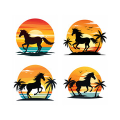 a horse and sunset on the beach with a sunset in the background.