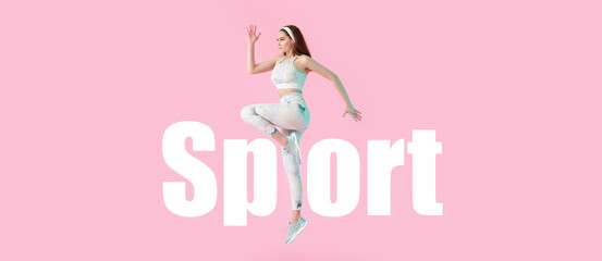 Sporty running woman on color background