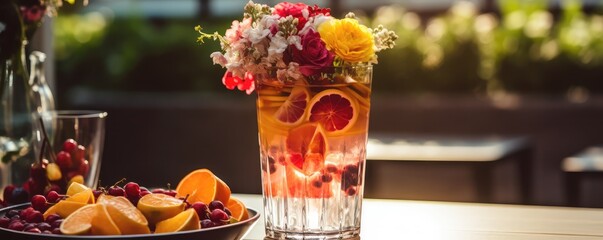 refreshing summer drink with fruits and flowers in a tall glass against a blurred background