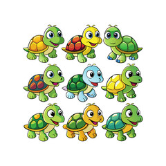 a cartoon drawing of turtles with different colors.
