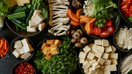 A colorful spread of fresh vegetables, tofu, and mushrooms arranged for a vegetarian-friendly shabu-shabu meal, catering to diverse tastes.