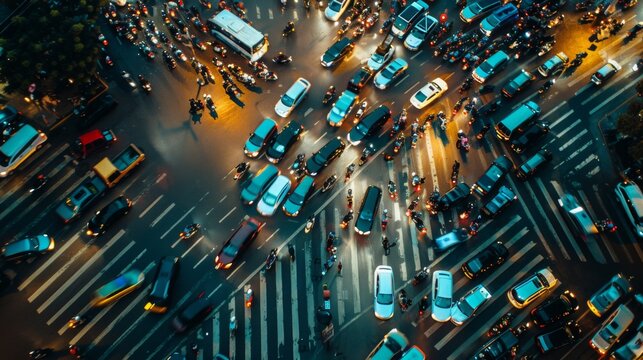 A congested city intersection during rush hour, showcasing chaotic traffic with cars and motorcycles navigating through crowded lanes.