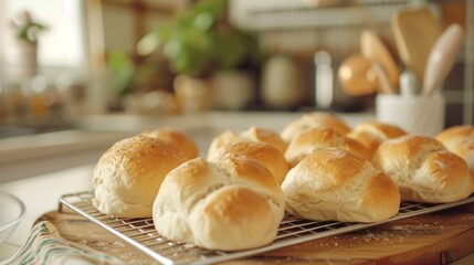 A cozy kitchen scene with a batch of bread rolls cooling on a wire rack, filling the air with the irresistible aroma of freshly baked goods.