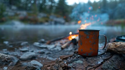 Enamel Camp Mug by Cozy Campfire at Dusk.