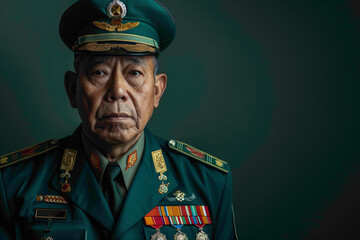 An army officer, the epitome of strength and courage, poses agnst a solid green background. His uniform is immaculate, adorned with medals of valor. With a determined gaze, he embodies the spirit of 