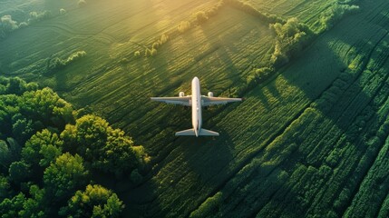 Aerial view of an aircraft over farmland. 