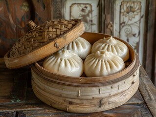 Fototapeta premium Basket of Dumplings on Wooden Table