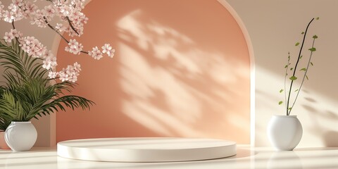 Elegant minimalist indoor display featuring a rounded podium with an arch backdrop, decorated with cherry blossoms and indoor plants in white pots