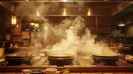 A cozy restaurant ambiance with steam rising from individual shabu-shabu pots, promising a comforting and satisfying dining experience.