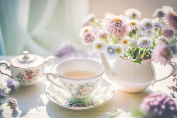 Cups of tea and beautiful flowers. Refined vintage dishes.