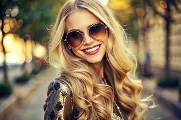A stylish woman in a sparkling fancy suit enjoying a summer evening on a city street, radiating glamor and luxury. Girl in glasses and stylish jacket.