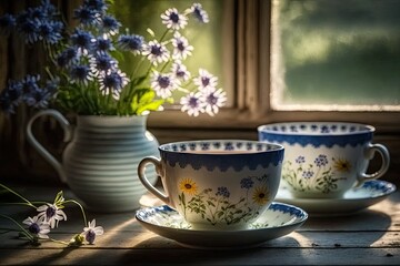 Cups of tea and a bouquet of beautiful flowers. Refined vintage cups