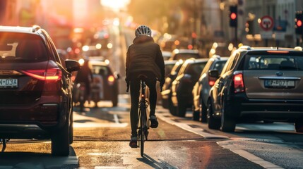 A cyclist navigating through congested city streets, promoting eco-friendly transportation alternatives amidst urban traffic.