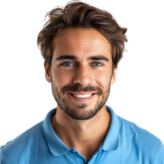 Obraz premium Close up portrait of young smiling handsome man in blue polo shirt on isolated transparent background