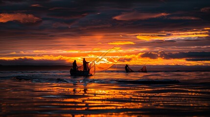 A dramatic sunset silhouette of fishermen casting their nets in the shimmering waters, chasing the elusive bounty of wild salmon.