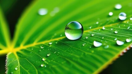 Large beautiful drops of transparent rain water on a green leaf macro. Drops of dew in the morning glow in the sun. Beautiful leaf texture in nature. Natural background, copy space