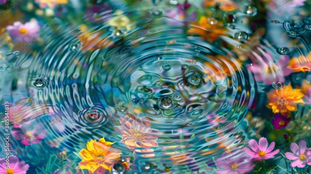 Aufkleber A dynamic shot capturing raindrops falling on colorful wildflowers, creating a mesmerizing pattern of ripples on the surface.