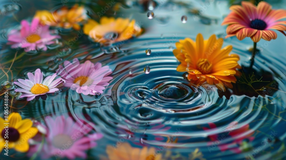 Aufkleber A dynamic shot capturing raindrops falling on colorful wildflowers, creating a mesmerizing pattern of ripples on the surface.