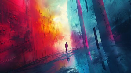 A lone figure stands in a surreal and vibrant dreamscape, surrounded by towering structures and bathed in a surreal glow