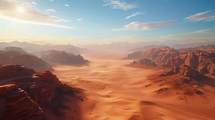 A vast and expansive desert landscape, with towering cliffs and a bright blue sky