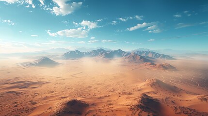 A vast desert landscape with mountains in the distance