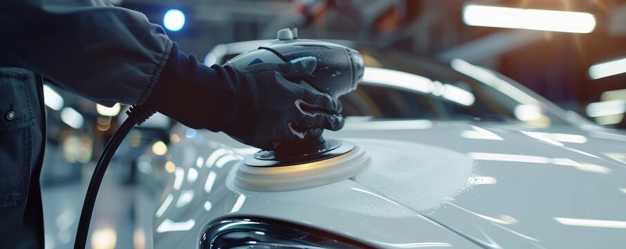 A close up oof the professional car worker with polishing brush for car paint in the hand .